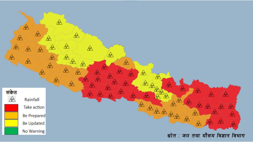 २० असारसम्म अत्यधिक पानी पर्ने, ३४  जिल्लामा 'रेड अलर्ट' जारी